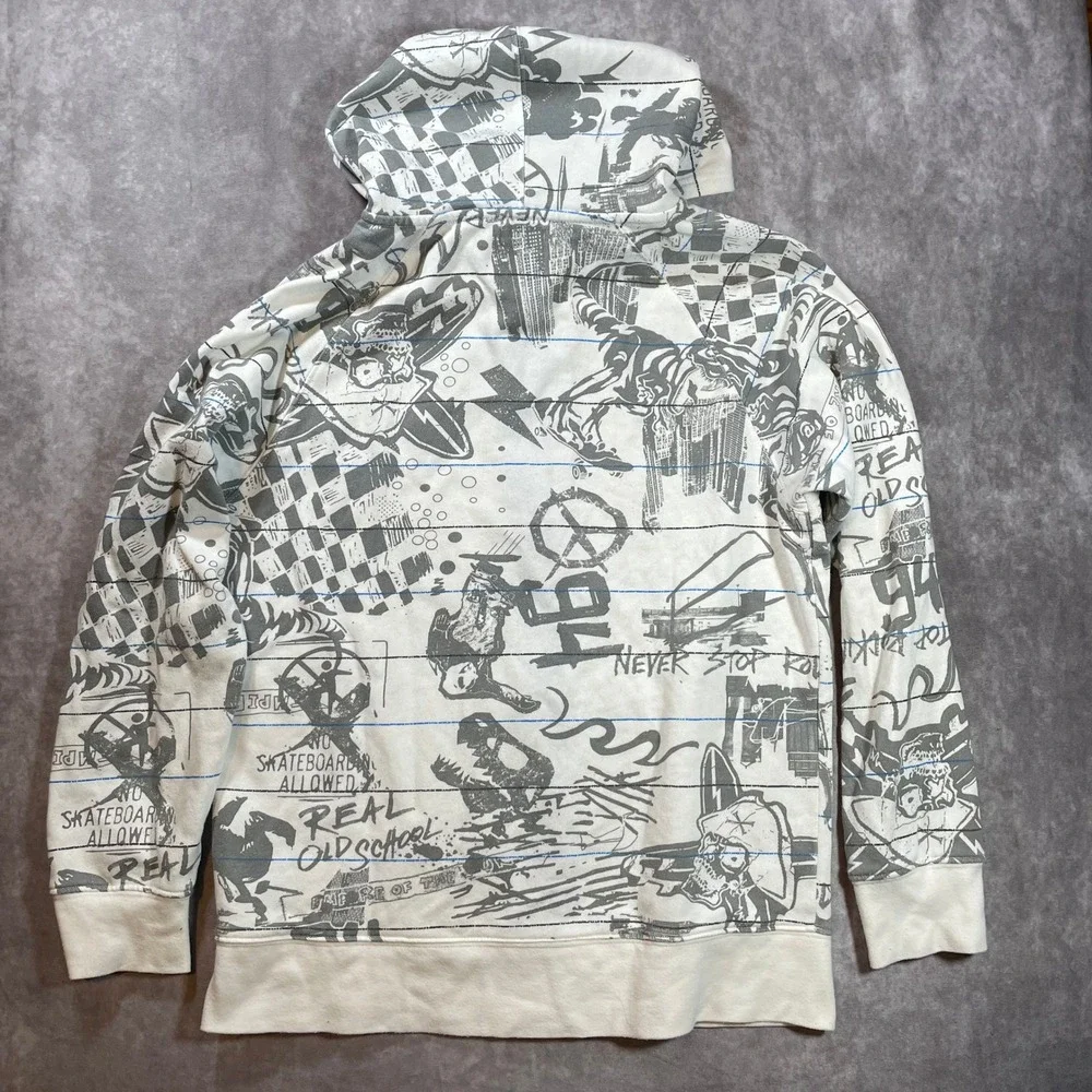 Y2K Old Navy Boys Large Graffiti Sketchbook Zip Up Hoodie White Grey Skate Skul